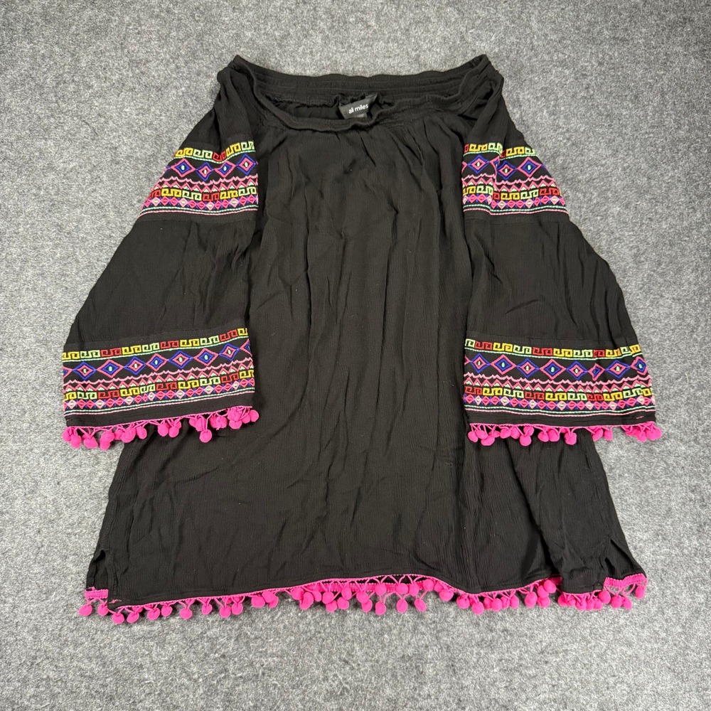 Ali Miles Black Embroidered Off Shoulder Tunic Top Pom Pom Trim Boho